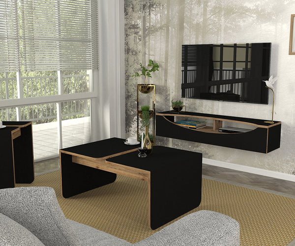 Pack Meuble TV et Table basse GEIZA -noir et chêne-