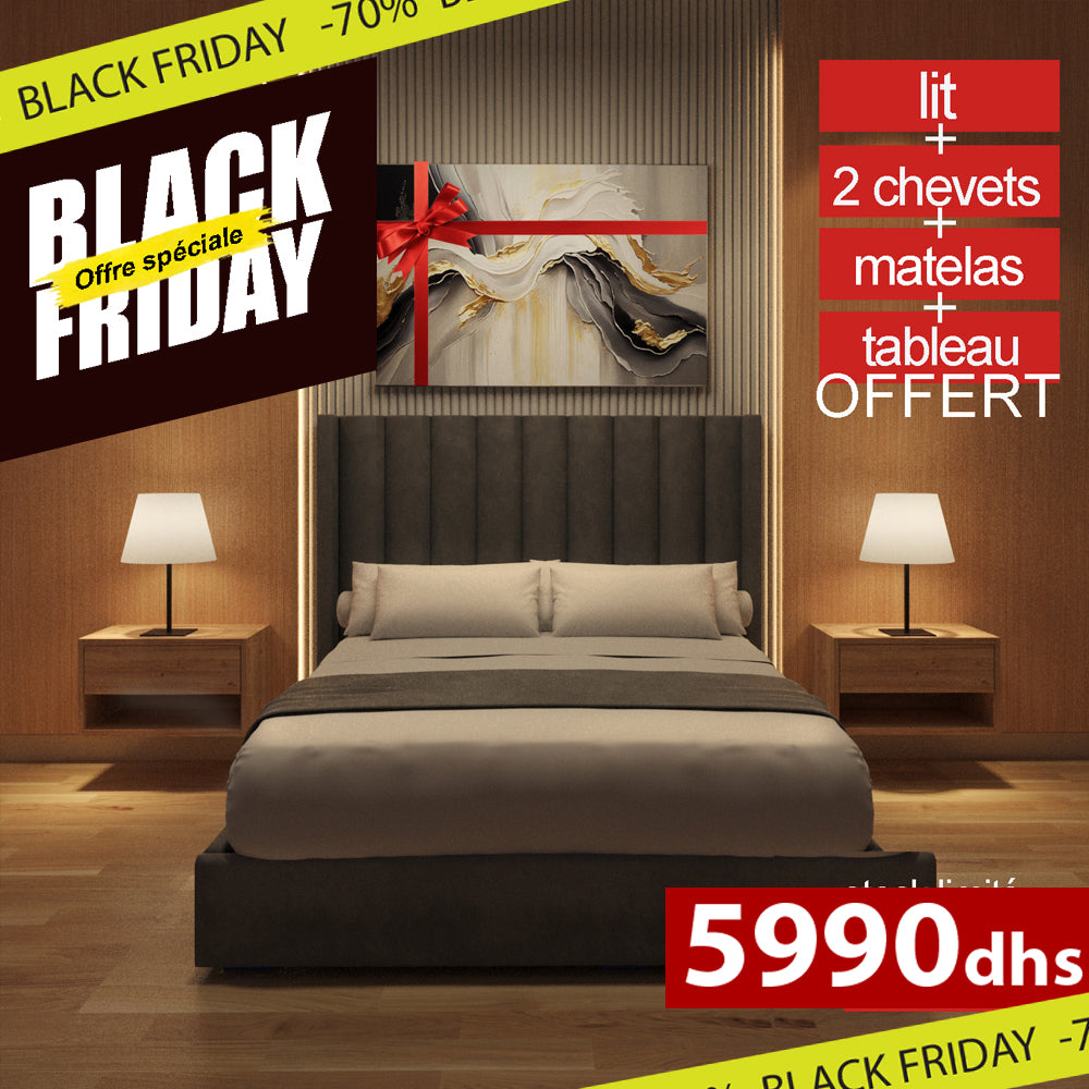 Pack Confort & Élégance – Lit + Matelas + 2 Tables de Chevet + Tableau Offert