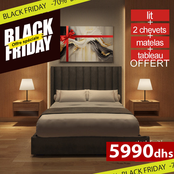 Pack Confort & Élégance – Lit + Matelas + 2 Tables de Chevet + Tableau Offert
