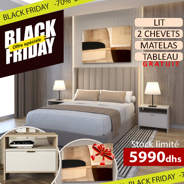 Pack Confort & Élégance – Lit + Matelas + 2 Tables de Chevet + Tableau Offert