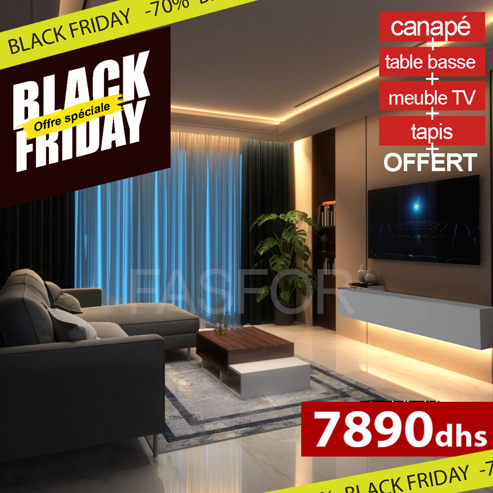 Pack Salon Complet – Canapé + Meuble TV + Table Basse + Tapis Offert