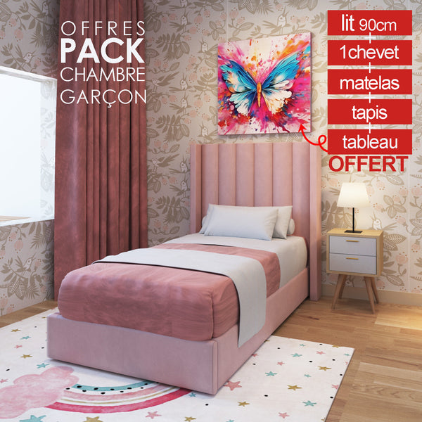 Pack chambre fille  Lit 90cm + Matelas + Tables de Chevet +Tapis + tableau offert