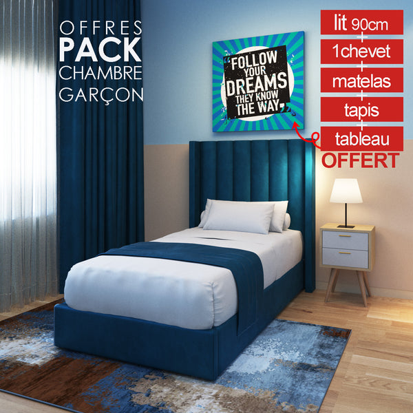 Pack Confort  Lit 90cm + Matelas + Tables de Chevet +Tapis + tableau offert