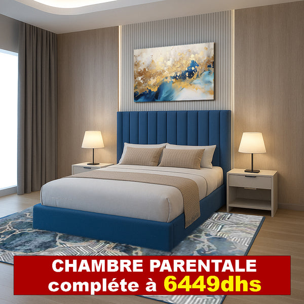 Pack Ocean & Élégance – Lit + Matelas + 2 Tables de Chevet + Tableau Offert