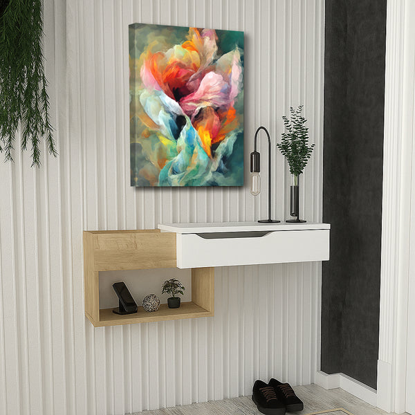 Pack meuble d'entrée+tableau décoratif -blanc & bois- 90cm