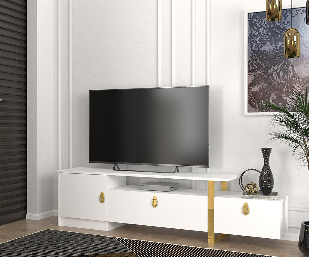 Meuble TV ARAMIS-blanc et doré- 180cm