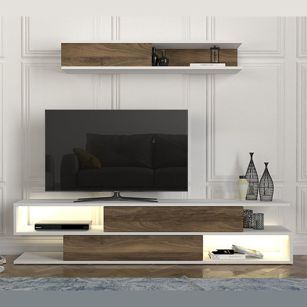 Meuble TV MANYETIK  -noyer et blanc- avec éclairage LED 180cm