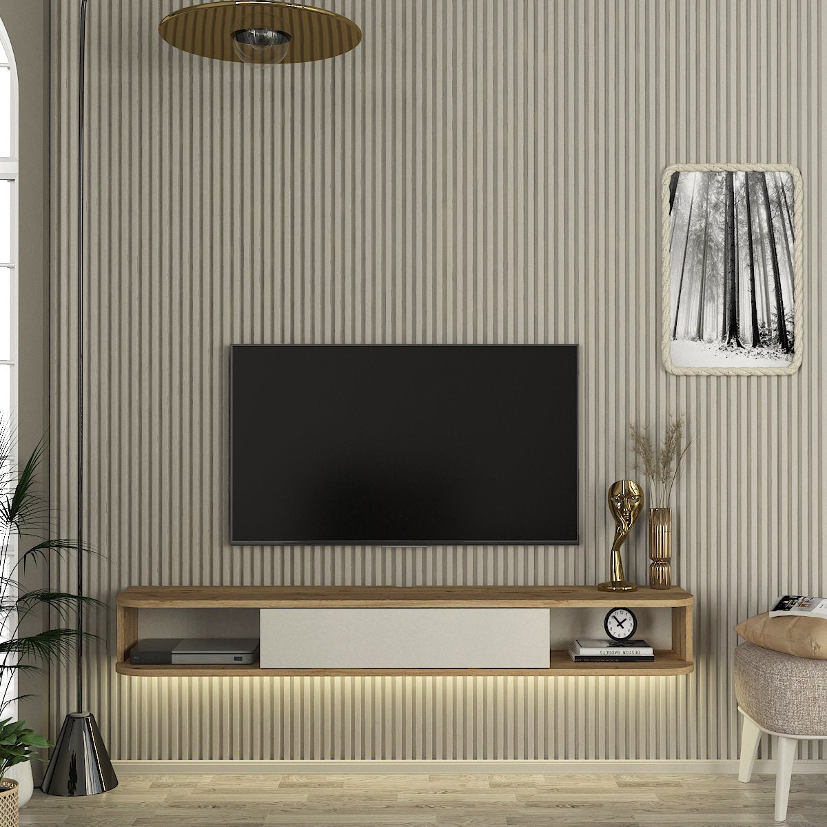 Meuble TV CROSS -bois & blanc- éclairage LED 150cm