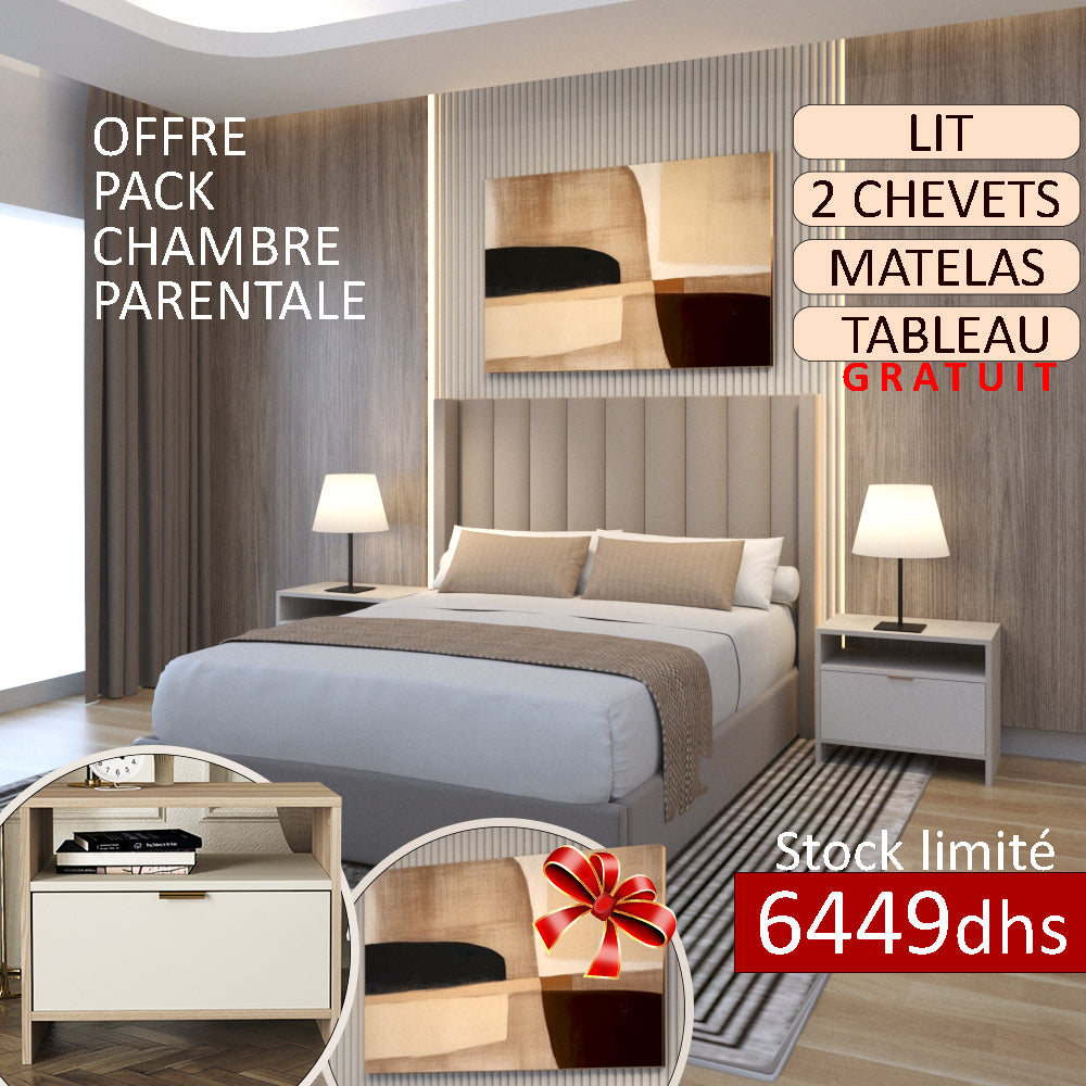 Pack Confort & Élégance – Lit + Matelas + 2 Tables de Chevet + Tableau Offert