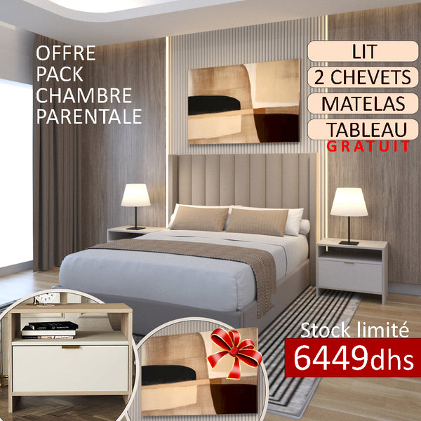 Pack Confort & Élégance – Lit + Matelas + 2 Tables de Chevet + Tableau Offert